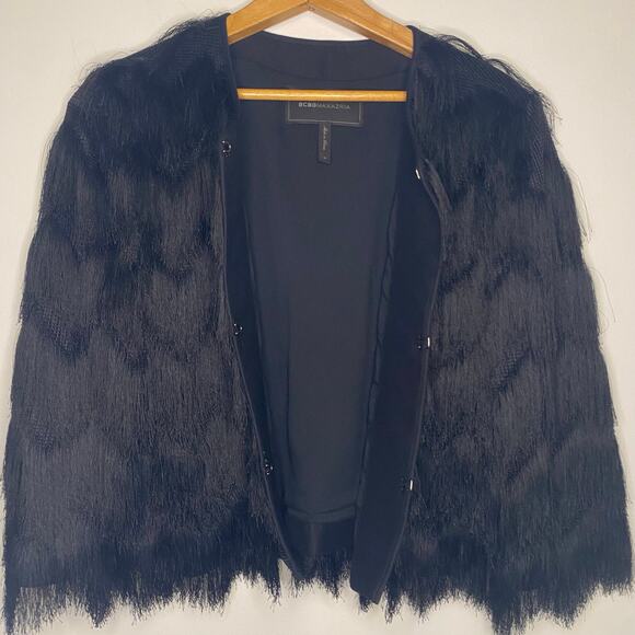 BCBG Max Azria Jaxon Cropped Black Fringe Jacket Medium Party Dressy - Picture 12 of 13